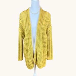 Garnet Hill Cardigan Sweater Linen Cotton Yellow Cable Knit (L)
